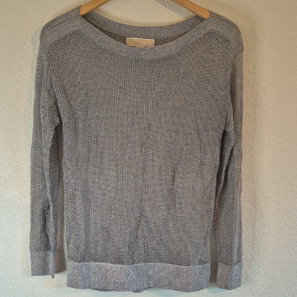 Silver Sparkle Michael Kors Sheer Gray Crew Neck Sz Small Knit Mesh Layer Top